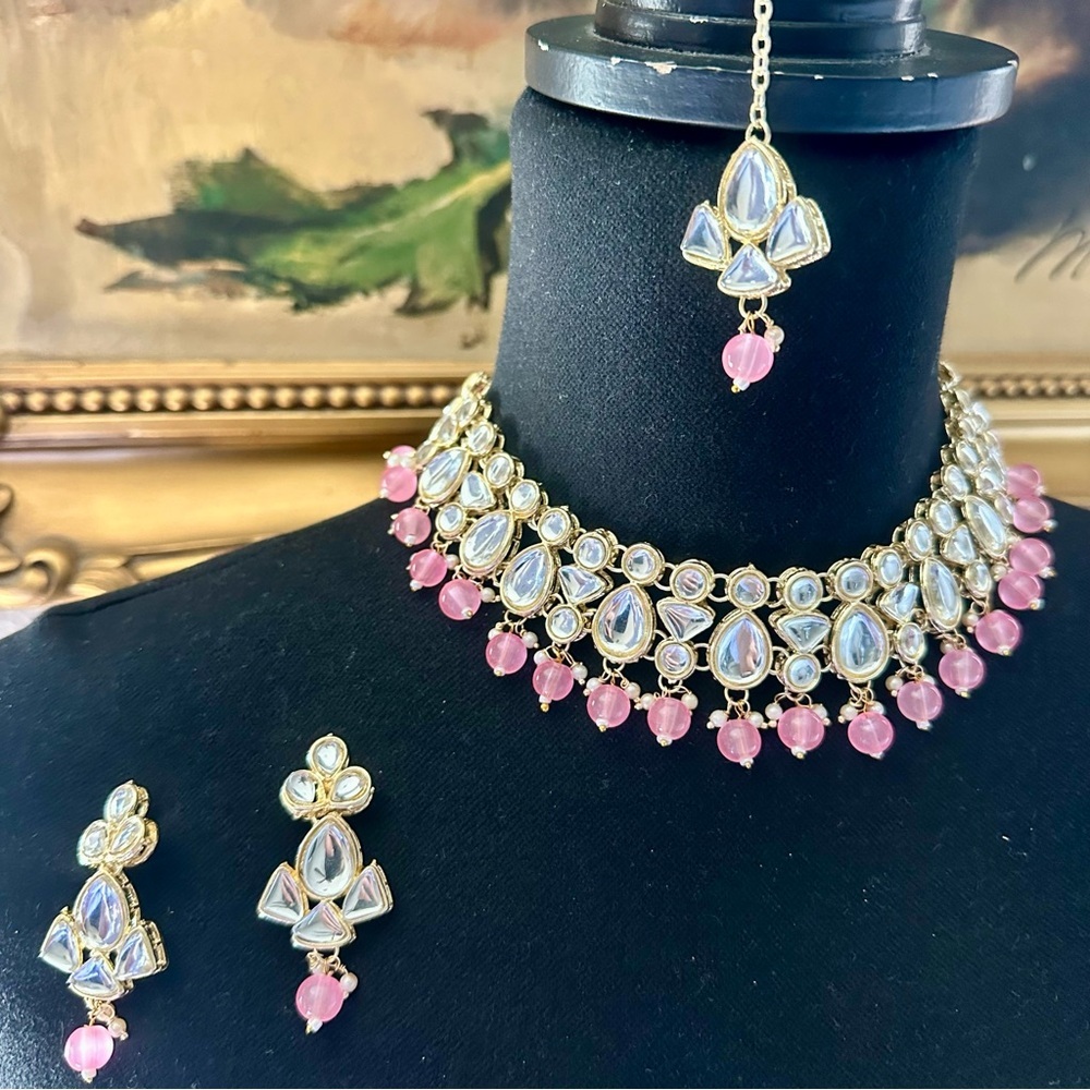 Pakistani Indian Gold Plated Beads Mirrored Elegant Pink and Gold Jewelry Set